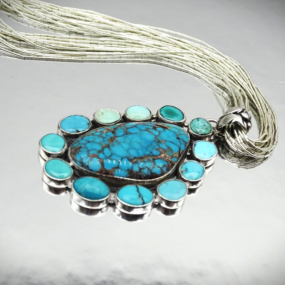 SOUTHWEST Sterling Silver Turquoise Pendant & Liquid Silver Chain Necklace - Picture 2 of 10